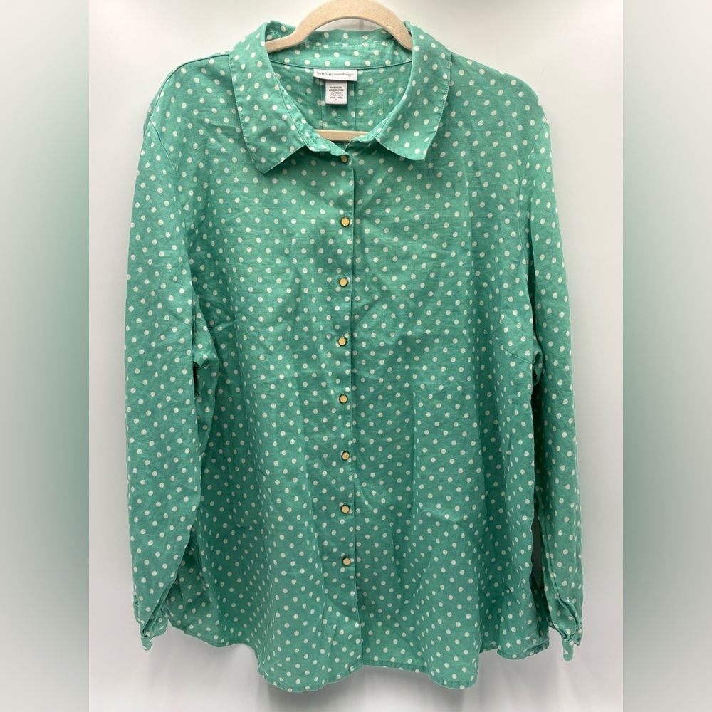 Soft Surroundings‎ 100% Linen Polka Dot Button Front Blouse 3X Green White